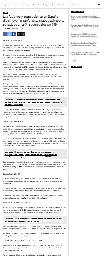 Las fusiones y adquisiciones en Espaa disminuyen un 20% hasta mayo y el importe se reduce un 25%, segn datos de TTR